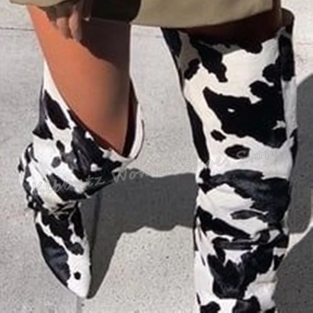 

Fashion Cow Printed Knee High Boots Pointy Toe Stiletto Heel Women's Boots 2023 Newest Sexy Party Runway Shoes for Autumn Lovely