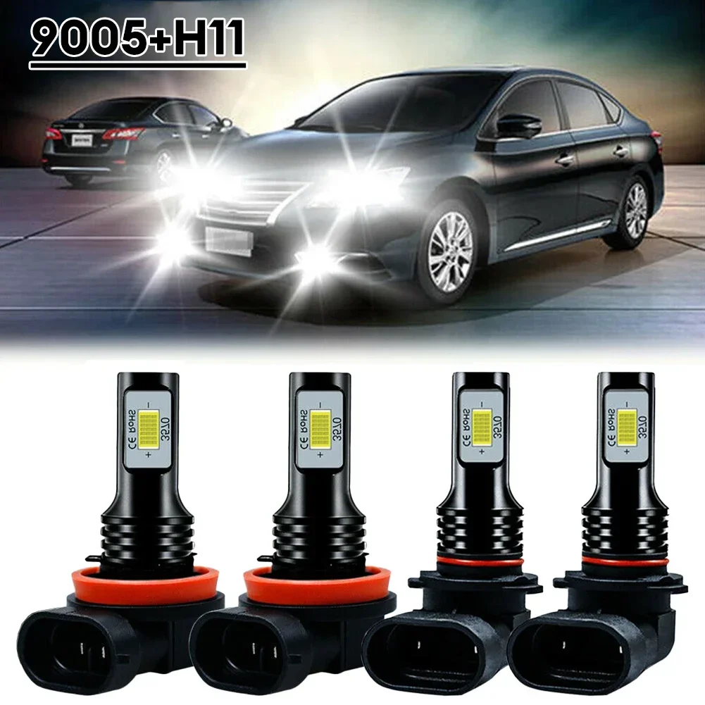 4PCS 9005 H11Combo LED Headlight High Low Beam Bulbs Kit 12V-24V DC 6500K Super White Bright Universal Headlight Replace