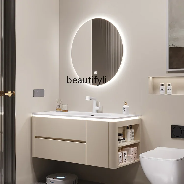 

Bathroom Cabinet Combination Cream Style Wash Basin Sink Wall Hanging Smart round Mirror Washstand