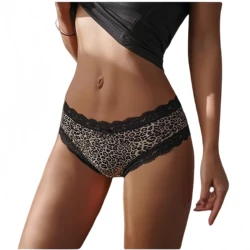 Leopard Print Ice Silk Women's Panties Sexy Lace Edge Briefs with Elastic Waistband T-pants Wrap Buttocks Knickers for Ladies