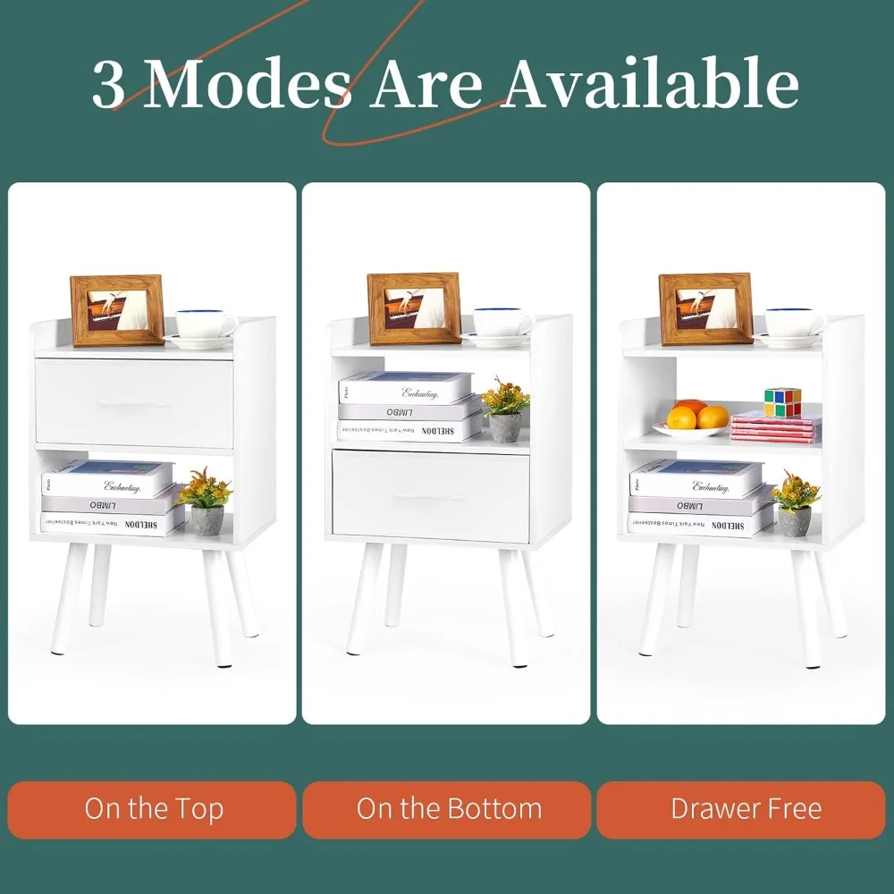 منضدة حديثة من منتصف القرن مع درج ورف مفتوح، وطاولة خشبية صغيرة بجانب السرير