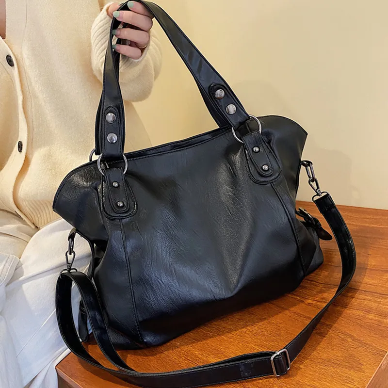 Solid Color Quality Soft Leather Crossbody Handbag Lady Travel Tote Bag Big Black Shoulder Bags for Women Large Hobo Shopper Bag