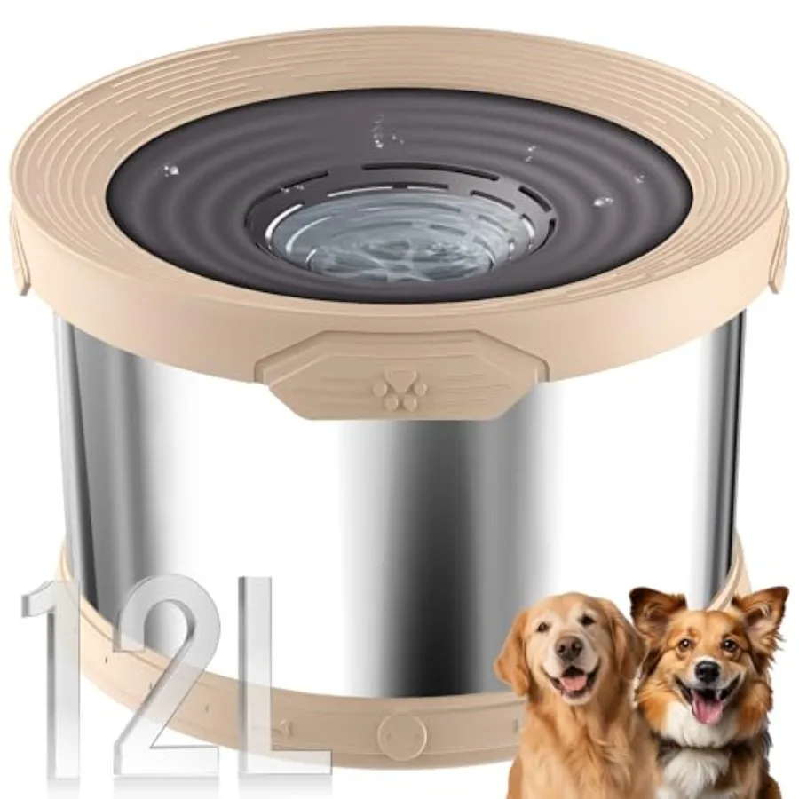 

Dog Water Bowl No Spill 12L Stainless Steel, Beige Large Capacity Spill-Proof, Non-Slip Slow Drinking Anti-Splash Bowl for Larg