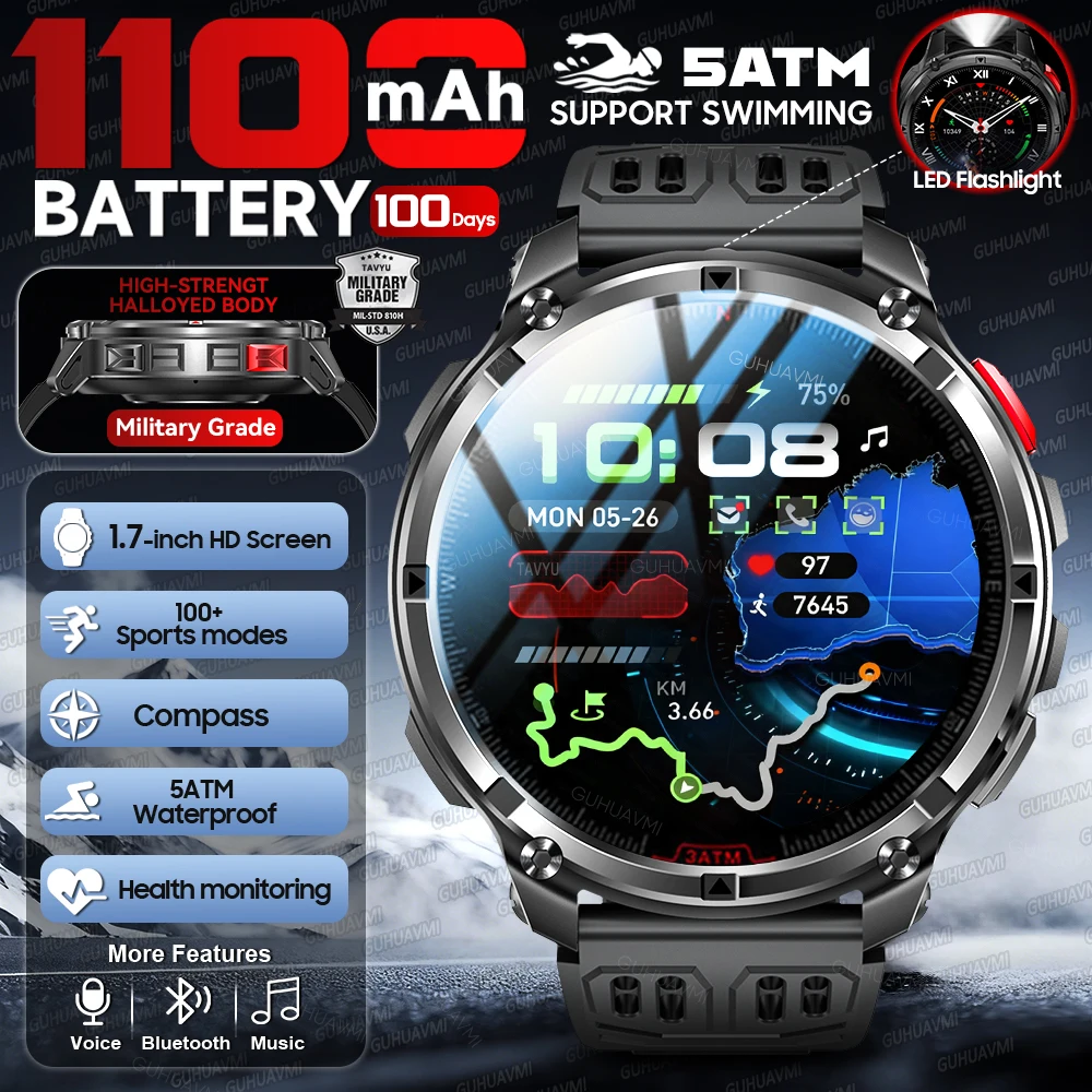 

2026 New Military 1100mAh Battery Smart Watch 1.7" AMOLED Screen Compass LED Flashlight Bluetooth Call 5ATM Swim Smartwatchs Men