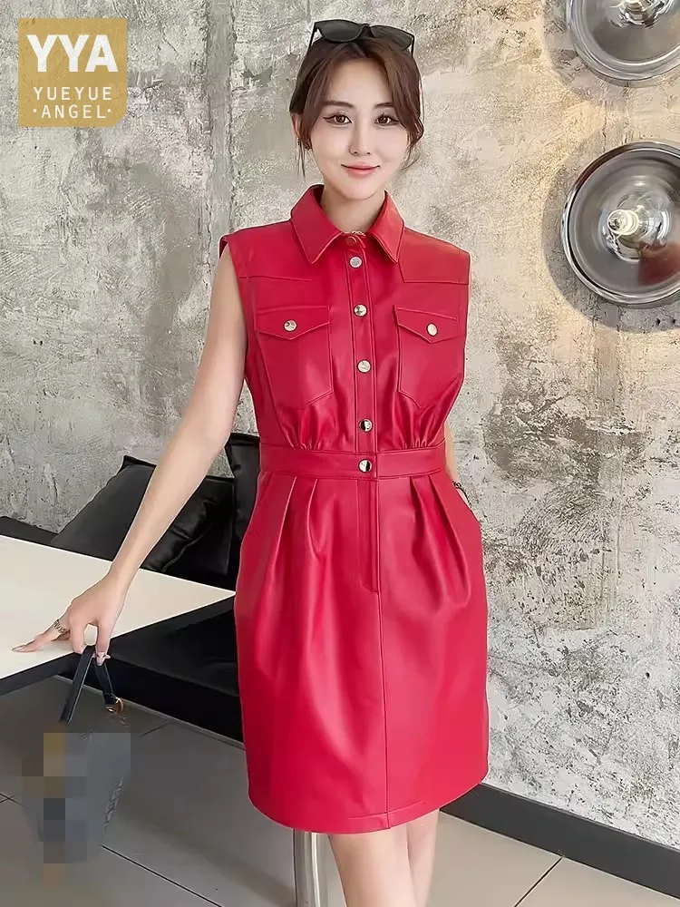 Spring Office Laides Elegant Genuine Leather Dress Mid Length Sheepskin Dresses Sleeveless Turn-Down Collar Women Tank Dress