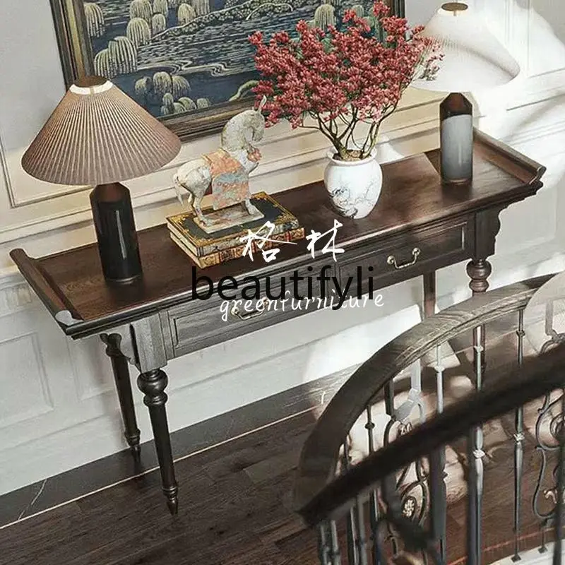 

53French retro solid wood porch table American foyer decorative side cabinet partition storage table
