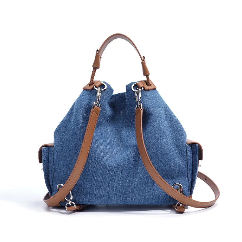 Large Capacity Casual Denim Backpack Fashion String Travel Bag with Side Pockets Functional Lightweight Commuting Bags
