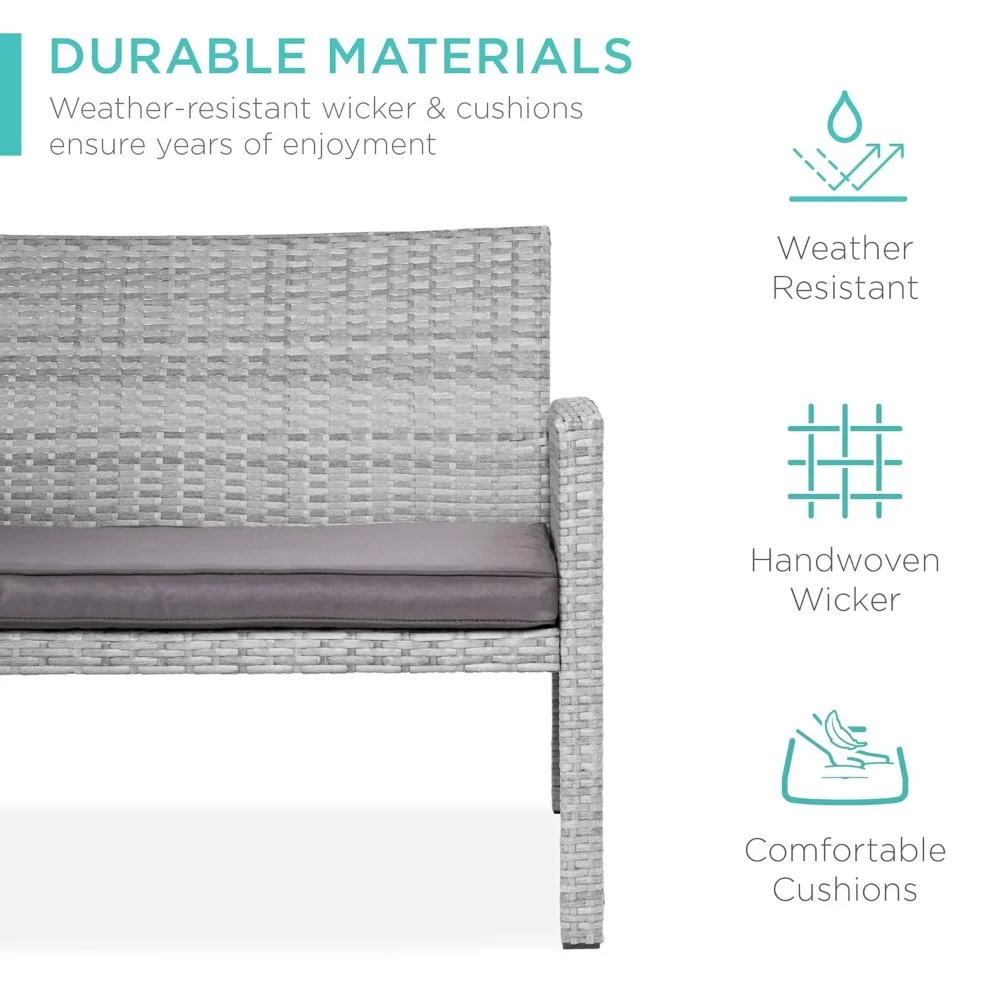 

4-Piece Outdoor Wicker Patio Conversation Furniture Set for Backyard w/Coffee Table, Seat Cushions, Gray/Gray, Customized