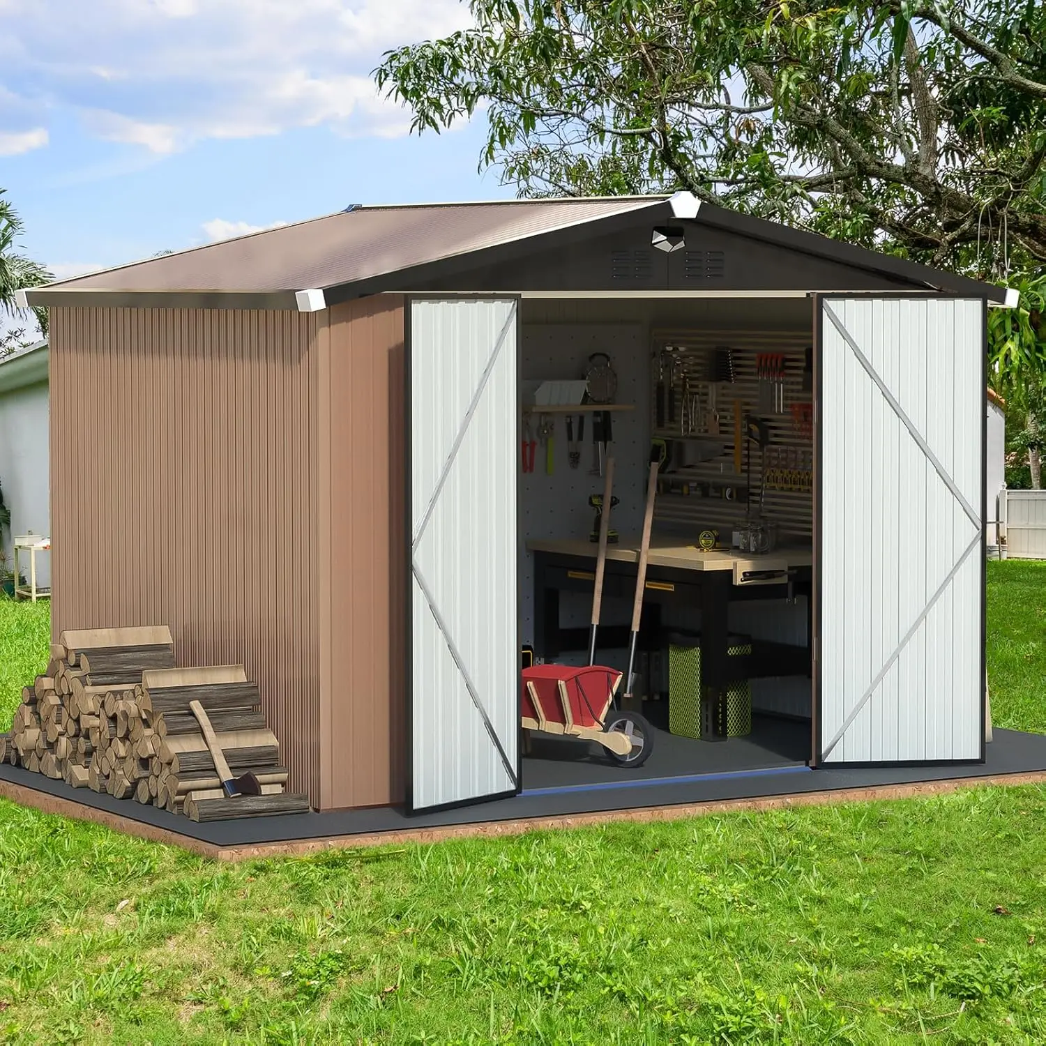 Outdoor Storage Building 10x8,Large Backyard Sheds with Lockable Doors,Waterproof Outside Storage Shed