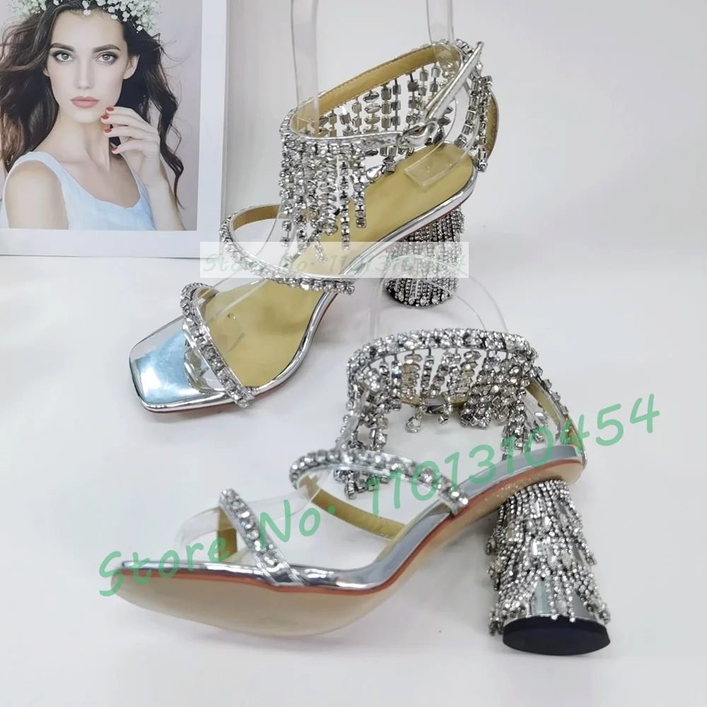 Bling Crystal Tassels Block Heel Sandals Women Sparkly Silver Pendant High Heels Ladies Luxury Sheepskin Square Toe Party Shoes