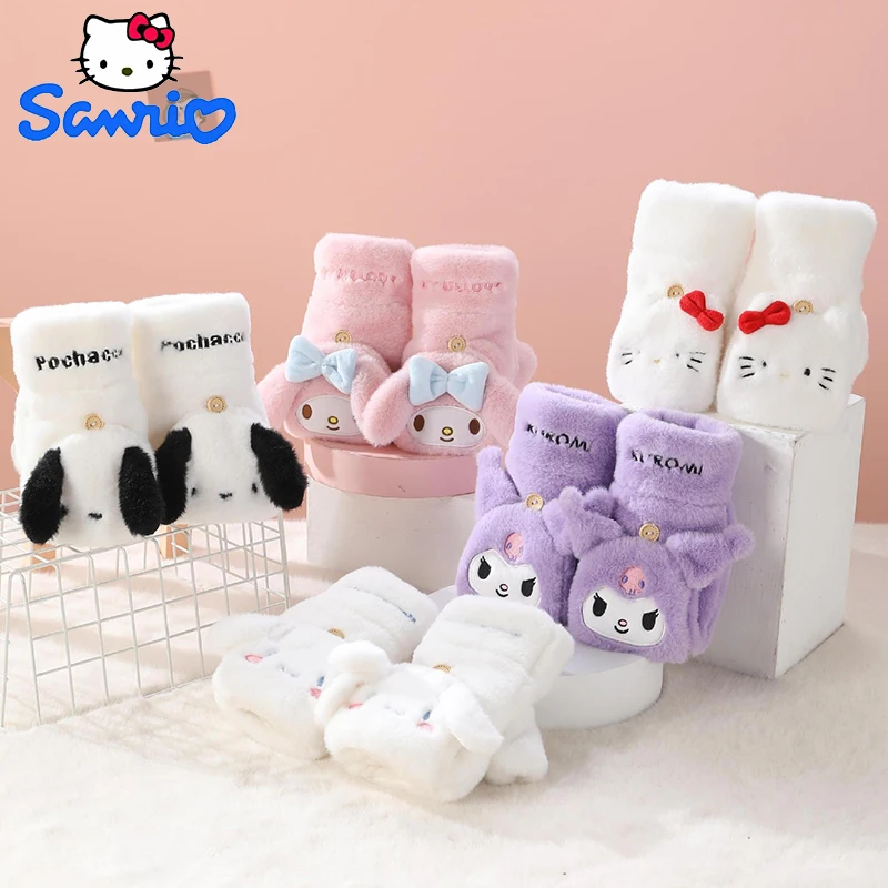 Sanrio Hello Kitty Plush Glove Kawaii Kuromi Gloves Flip Half Finger Cold-Proof Glove Screen Touch Warm Gloves Adult Winter Gift