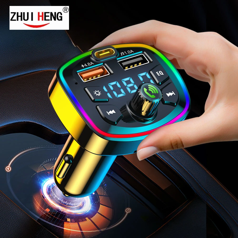 

Car Bluetooth 5.0 Charger FM Transmitter PD 20W Type-C Dual USB 3.1A Colorful Ambient Light Cigarette lighter MP3 Music Player