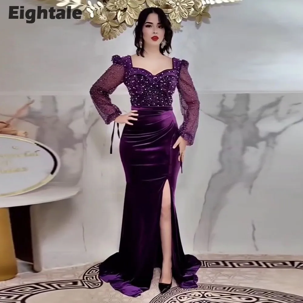 Vestido de noche de terciopelo Eightale para fiesta de boda, escote en forma de corazón, lentejuelas, mangas largas, sirena, púrpura, árabe, vestidos de graduación personalizados