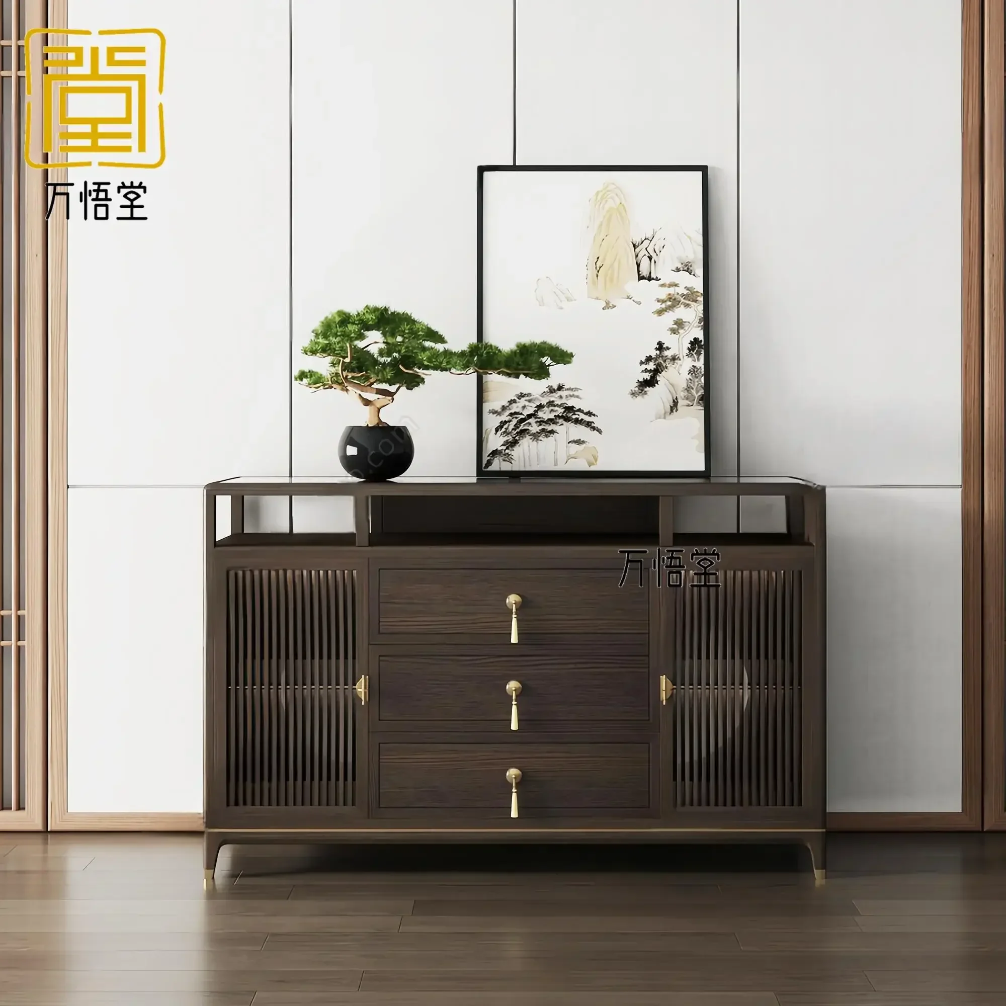 yh New Chinese-style solid wood porch cabinet, simple Zen ash wood side cabinet against the wall, living room