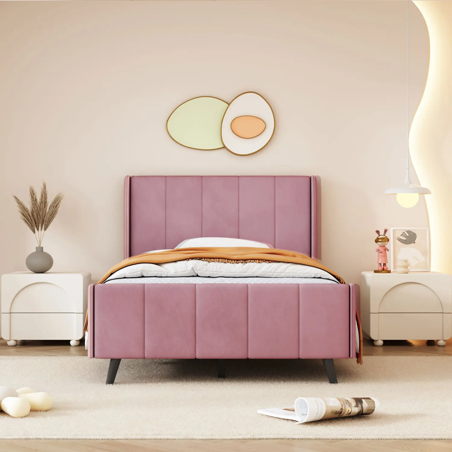 Twin Size Upholstered Platform Bed, Velvet, Pink