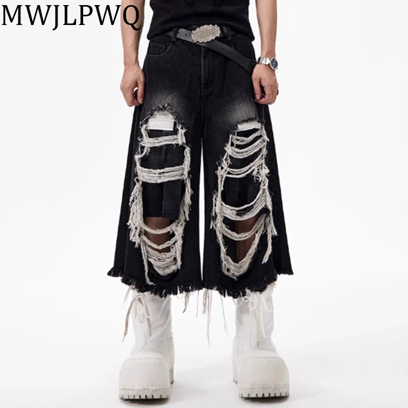 

MWJLPWQ American Hole Seven Jeans Men 2025 Summer Washed Distress Streetwear Loose Straight Leg Pants New Casual Shorts 010484