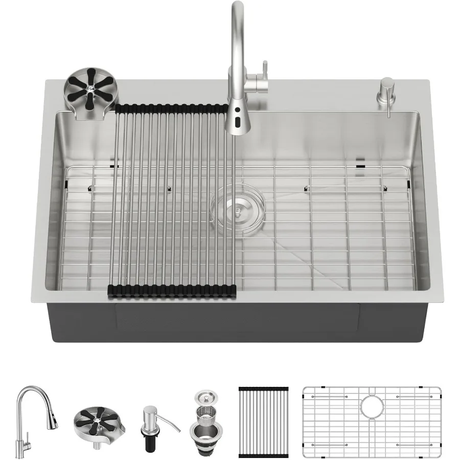 حوض مطبخ مقاس 33 بوصة مع مجموعة صنبور - حوض فردي متين من الفولاذ المقاوم للصدأ مقاس 16 للمطابخ الحديثة يتضمن #3