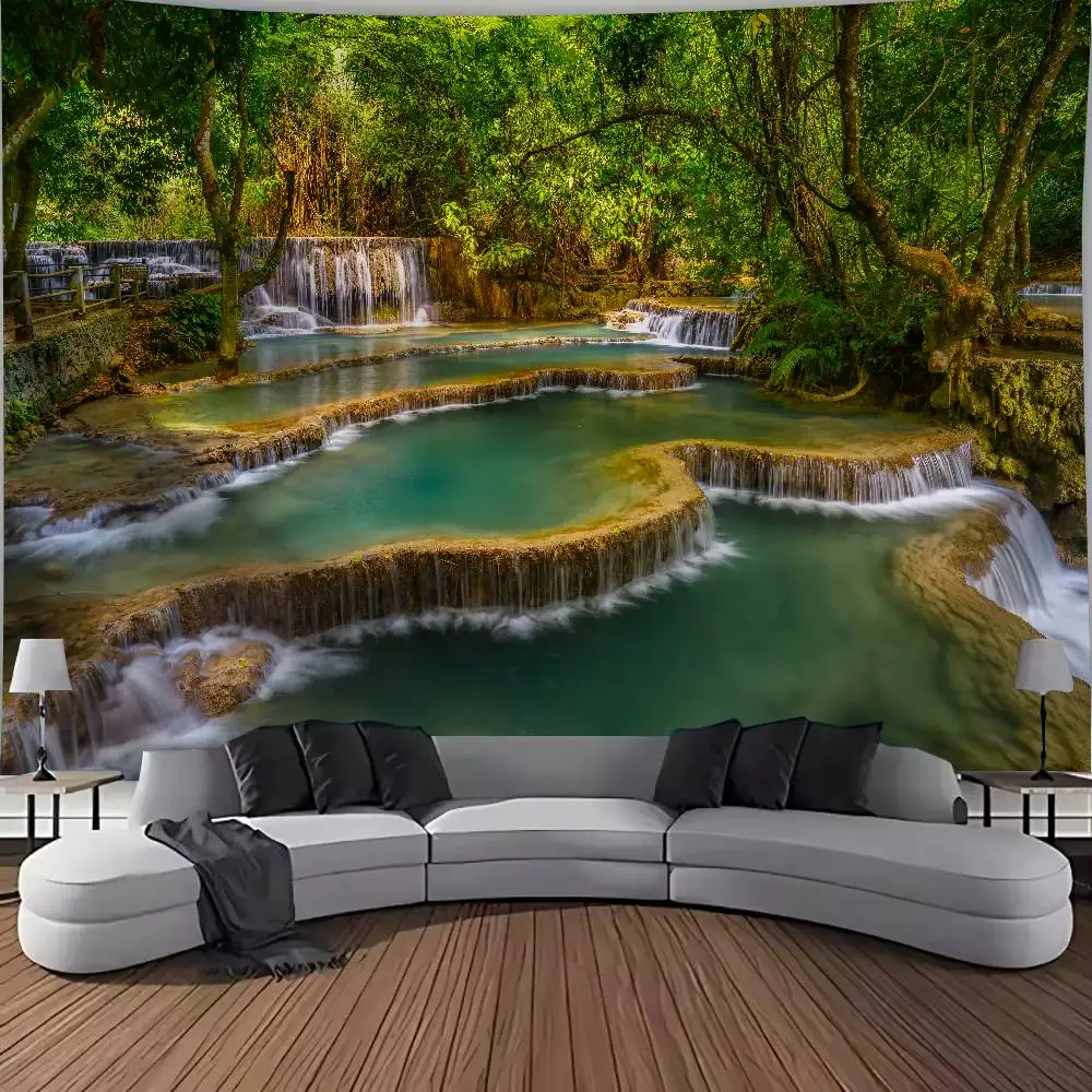 Cool Misty Mountain Forest Stream Wall Tapestry, Green Water Nature Landscape Backdrop for Bedroom Cottage Aesthetic Home Decor
