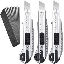 Paquete de 3 cuchillos multiusos, cortador de caja retráctil, cuchillo de caja compacto para cajas, cartón y cajas, con 10 piezas de 18 mm de ancho