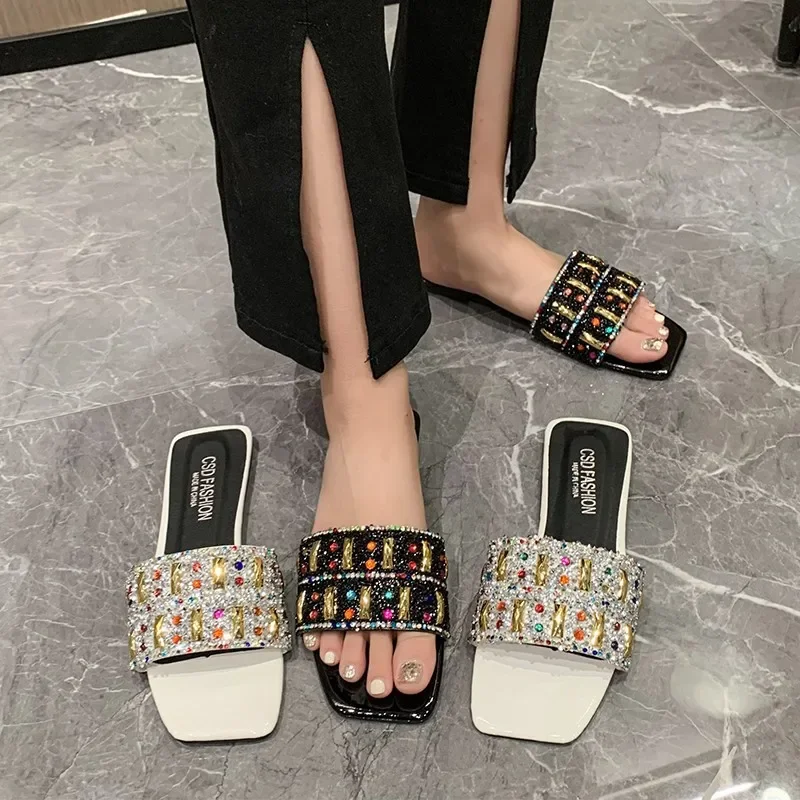 New Style Fashion Women's Slippers Retro Luxury Colored Diamond Flat Bottom Slippers Women's Shoes Popular Sandals Zapatos Mujer