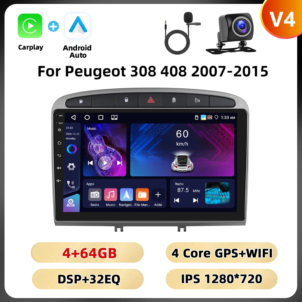Podofo 2Din 9 ''Autoradio Voor Peugeot 308 408 2007-2015 Multimedia Speler Android Auto Carplay WIFI 4G GPS AI Voice Auto Audio