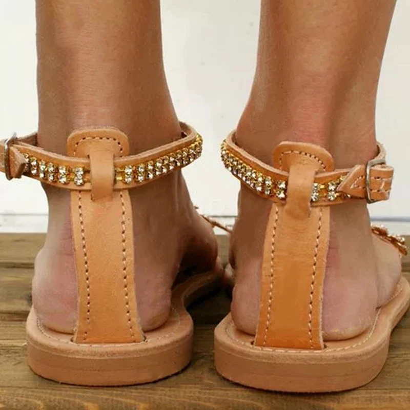 Summer Flat Sandals Women Bohemian Style Shoes Casual 2022 Beach Wedding Sandals Shoes Plus Size Rhinestone Open Toe