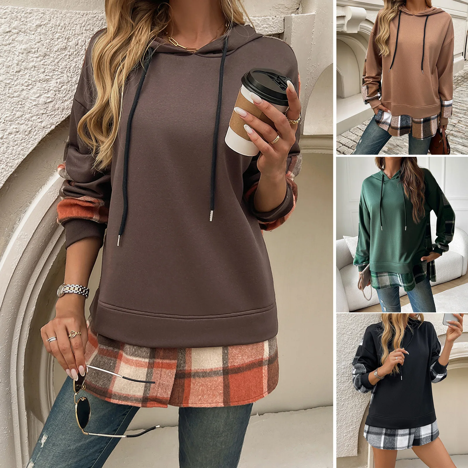 

2025 Autumn and Winter Contrast Color Casual Fake Two-Piece Splicing Hooded Long-Sleeved Sweatshirt Women's Clothing
