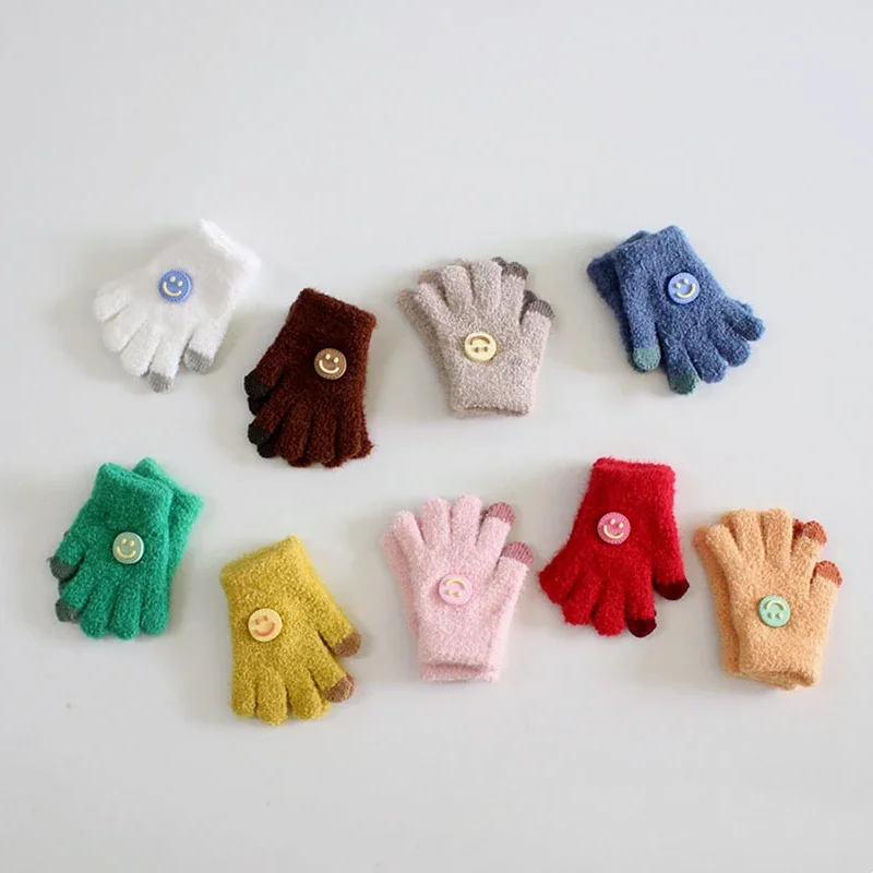 1 Pairs Baby Gloves 2 To 5 Years Girls Boys Unisex Soft Gloves Spring Autumn Winter Solid Color Smiling Cute Warm Gloves