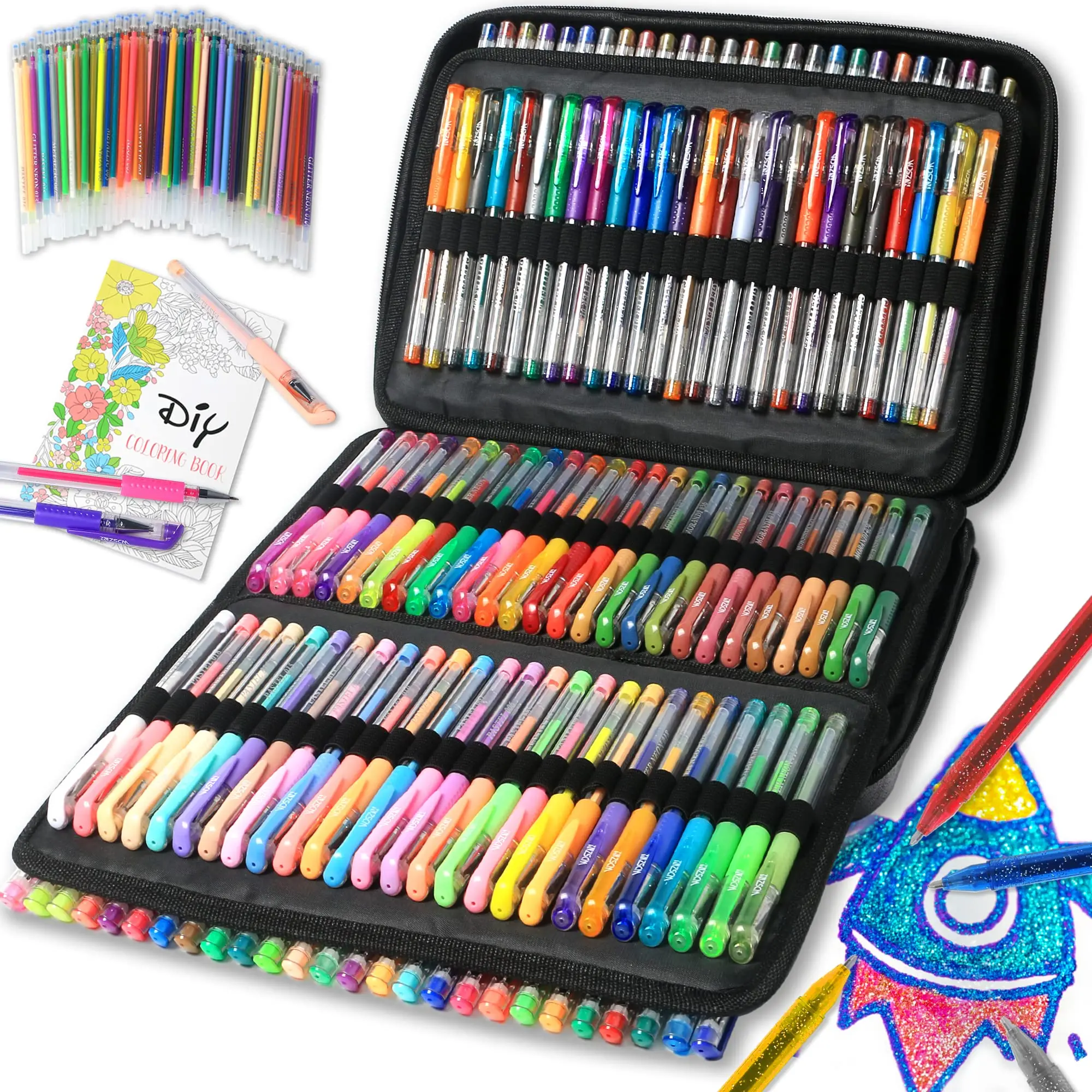 

ZSCM 160 Colors Pens Include 156 Glitter Pens 4 Metallic Sparkle Pen Canvas Bag For Adults Coloring Books Scrapbook