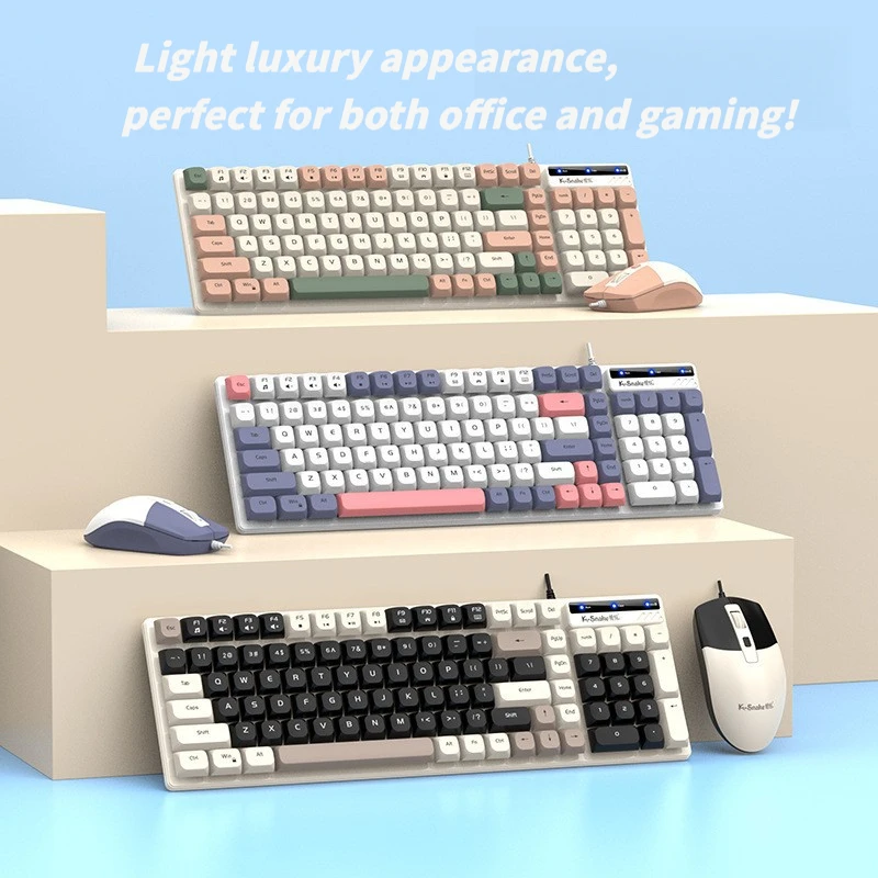 Wired Keyboard Mouse Combo 101 Keys Fashion Color Matching Suspended Round Keycaps Waterproof Office Set 1600 DPI Adjustable