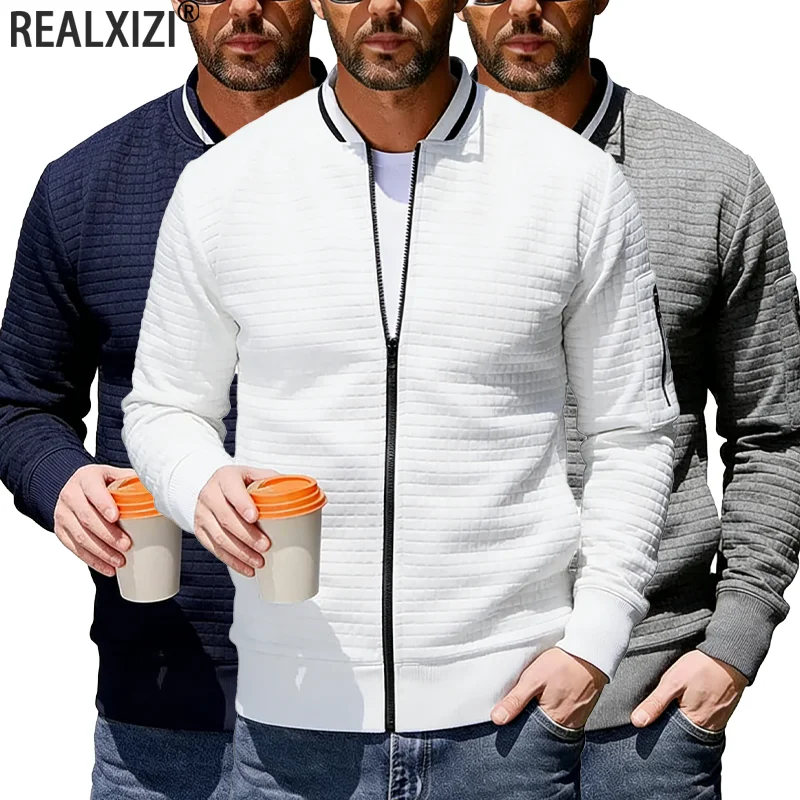 

Men's Sweatshirt with Zipper Pockets Solid Waffle Bomber Jacket Varsity Casual Outdoor Hooded Tracksuit Long Sleeves Jacket Coat