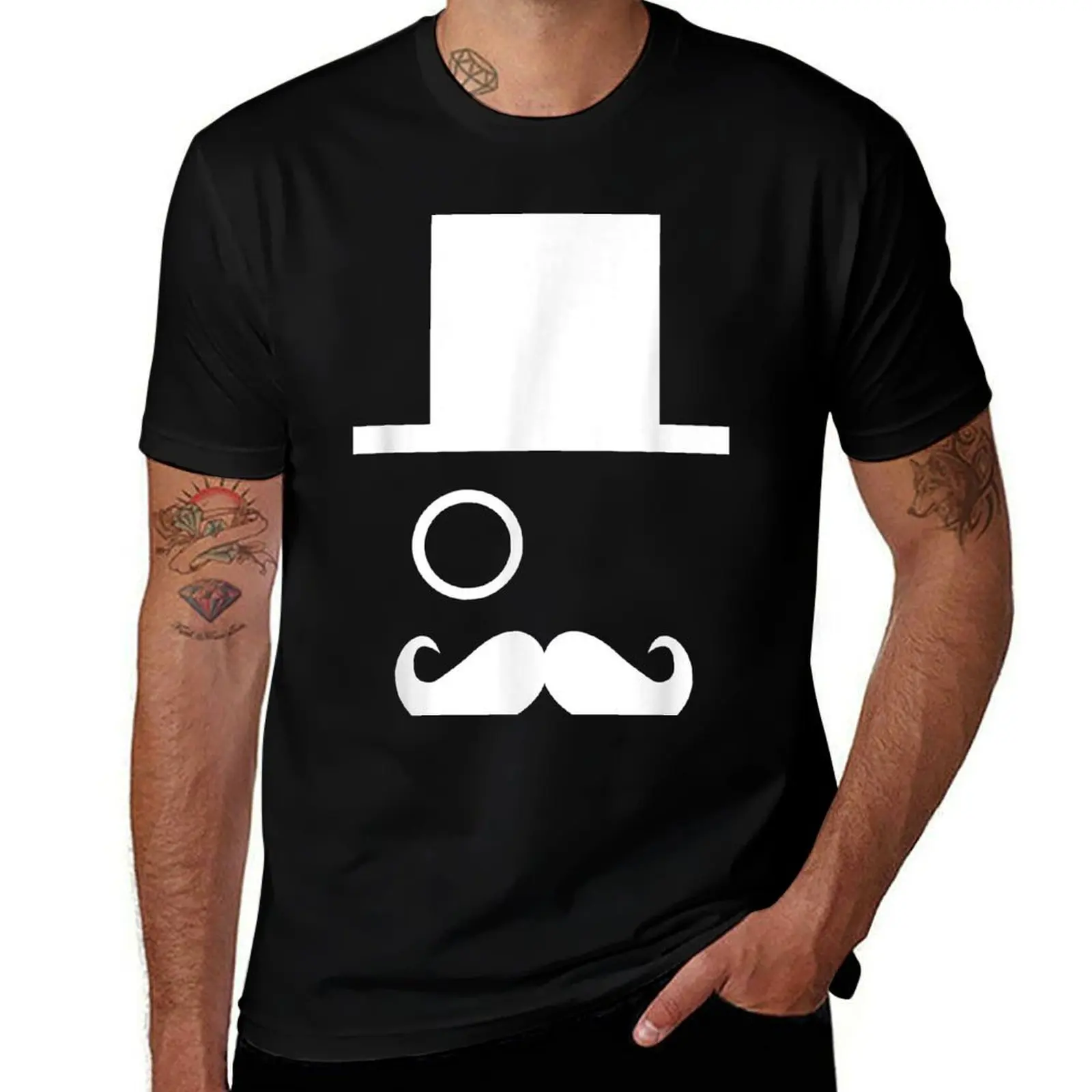 Vintage hoge hoed met monocle ooglens en stuur snor T-shirt t-shirt man katoenen T-shirt