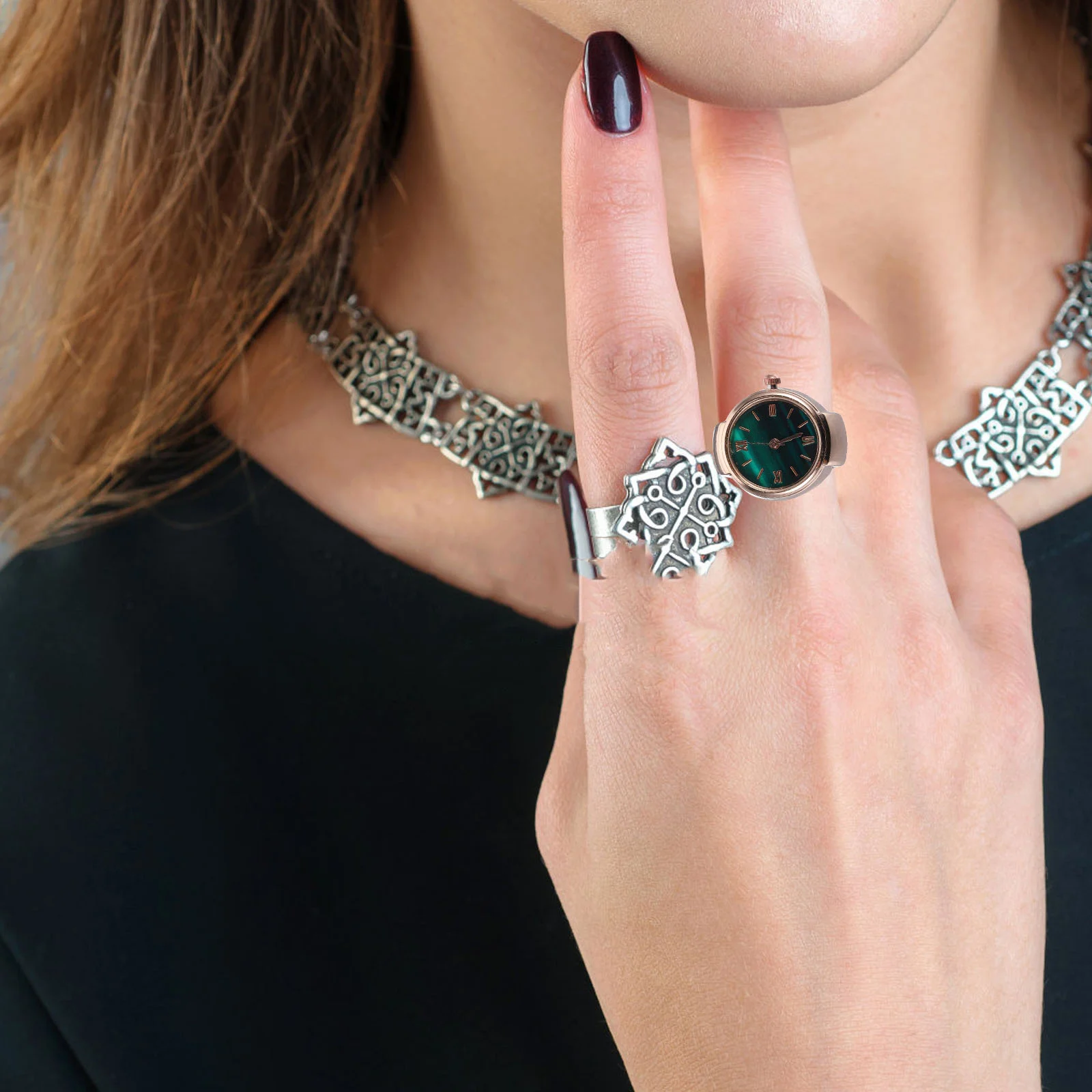 

Mini Green Finger Ring Roman Numerals Lightweight Zinc Alloy Practical Timepiece For Women Men Birthday Gift Accessory Ring