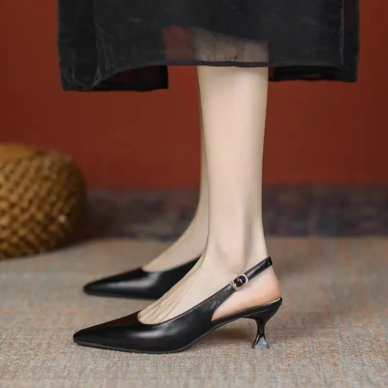 Women's Leather-Look Slingback Pumps Pointed Toe Low Sculptural Kitten Heel Adjustable Ankle Buckle Dressy Office Event Footwear