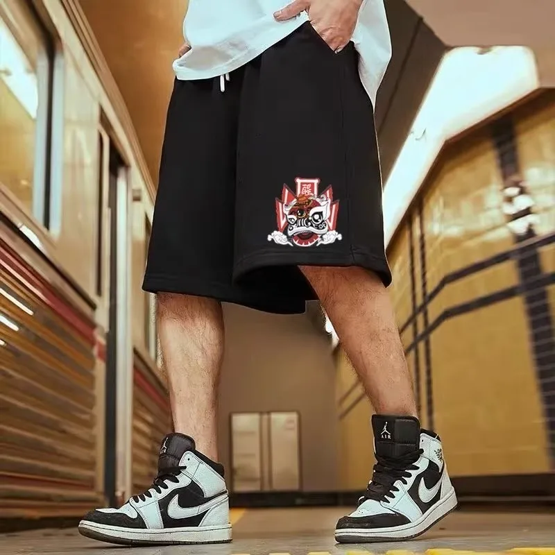 【 M-8XL 】2026 Summer Men's Black Shorts, Chinese Lion Dance Print Streetwear Casual Drawstring Athletic Shorts
