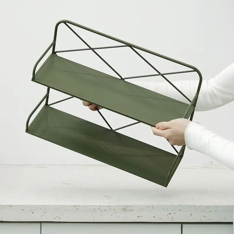 2 Tier Foldable Metal Storage Rack Olive Green Desktop Organizer Shelf For Kitchen Bathroom Cosmetics Spices Sundries