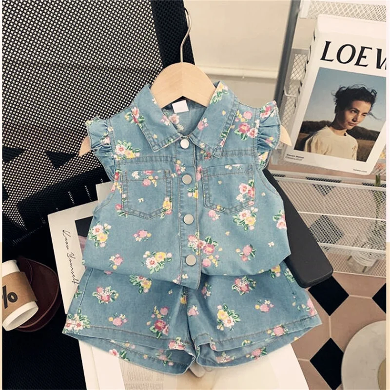 Girls Denim Clothes Sets Summer 2024 Children Sleeveless Shirts Shorts 2pcs Suit For Baby Tracksuits Kids Fashion Outfits 7 Year