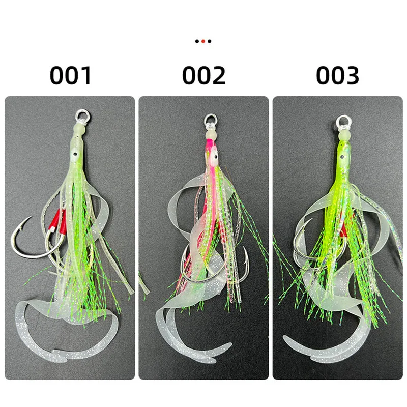 10pcs Glow Assist Hooks with Squid Skirts Lumious Slow Jig Silicone Skirt Fishing Hooks Sea Fishing Accessories