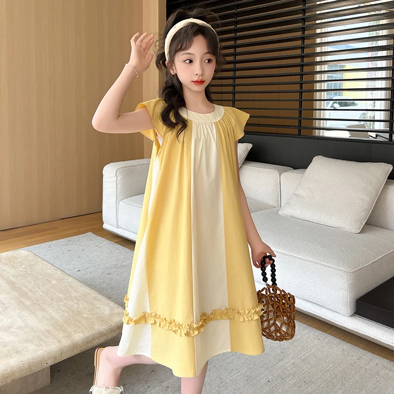New Summer High Quality Kids Children Fly Sleeveless Patchwork Cotton Dress for Tweens Girls Age 5 6 7 8 9 10 11 12 13 14 Years