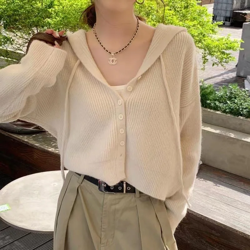 

Women's Hooded Open Cardigan Sweater Loose Long Sleeve Knitted Outerwear Autumn 2023 Early New Style Comfortable Lazy Vintage