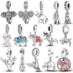 Abalorios de plata 925 con forma de elefante, León, rinoceronte, dinosaurio, Animal, se ajustan a pulseras de diamantes de 4MM con agujeros, joyería fina DIY para regalos de navidad