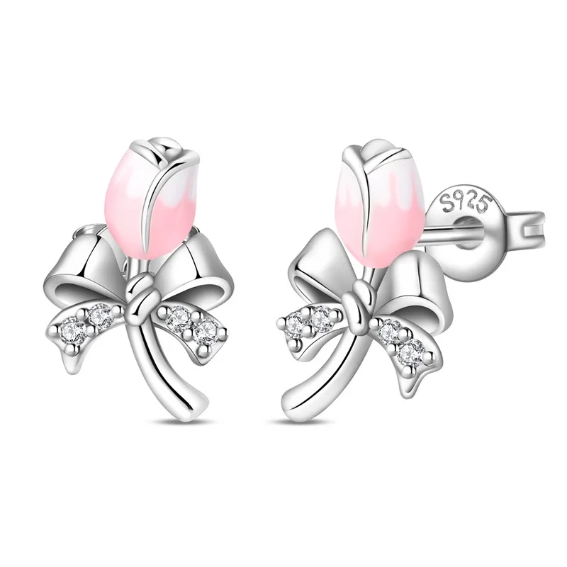 

New 925 Sterling Silver Pink Tulip Studs Earrings Fashion Simple Design Earrings For Woman Lucky Jewelry Valentine's Day Gifts