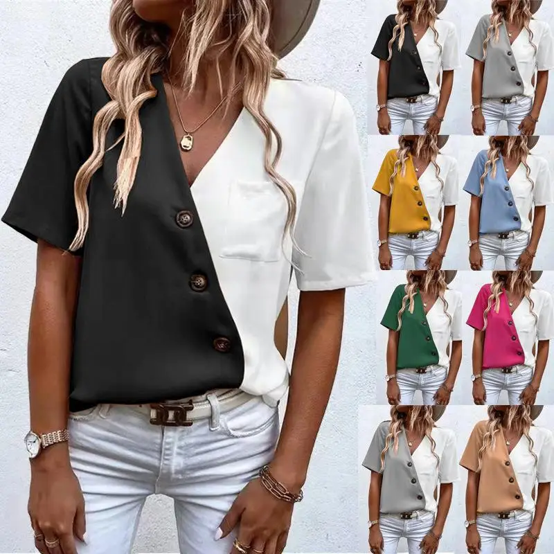 

Women's Collared ort Sve irt Top European Sle Pure Color Splice Fabric Ladies Premium Lace irt Summer Faion