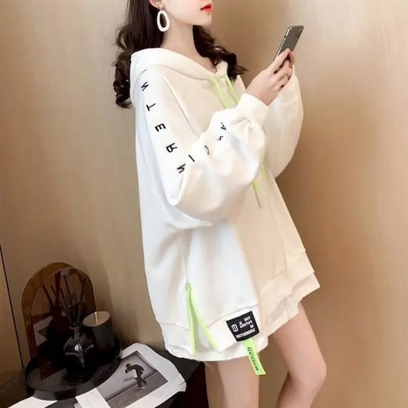 

Casual Fashion Hoodies Women 2025 New Autumn Winter Plus Velvet Hooded Jacket Korean Loose Large Size Fake Two-piece Tops Hoodie