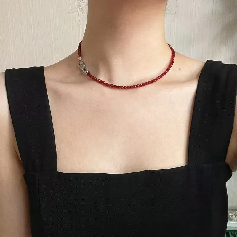 4mm high-quality custom-made Chinese-style translucent natural red agate clavicle chain necklace for women