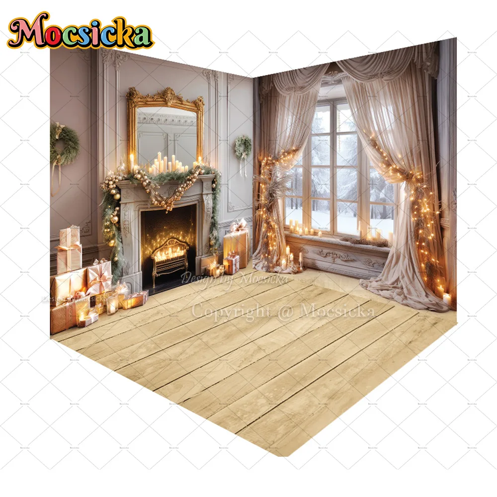 Mocsicka Vintage Christmas Fireplace Corner Backdrop Photography Gift Snow Window Wooden Floor Background Family Newborn Photo