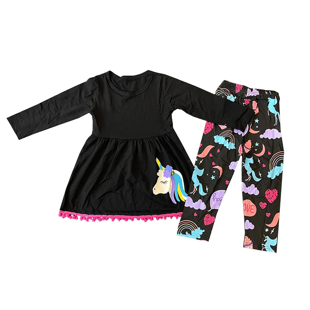 

Hot Girls Embroidered Print Black Top Cartoon Animal Print Straight Pants Boutique Children's Suit