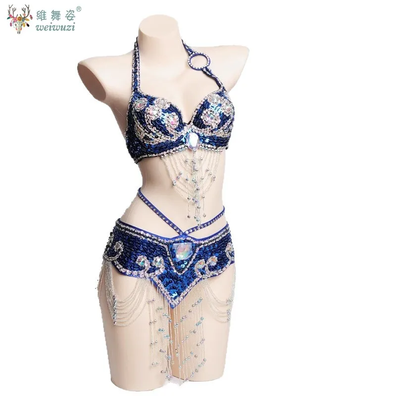 Hot Design Handmade Beaded Belly Dance Costume Bra +Belt 2 Piece Set 8 Color Suit For Womens Sexy Carnival Dancing Party Wear