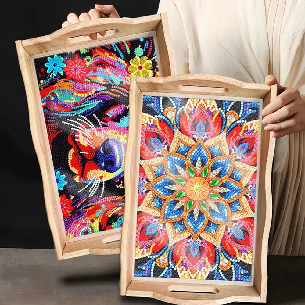 5D DIY Diamond Painted Wooden Dining Plate Decorative Diamond Art Tableware Manager Tray Good for Parties Or Bed Food Tray
