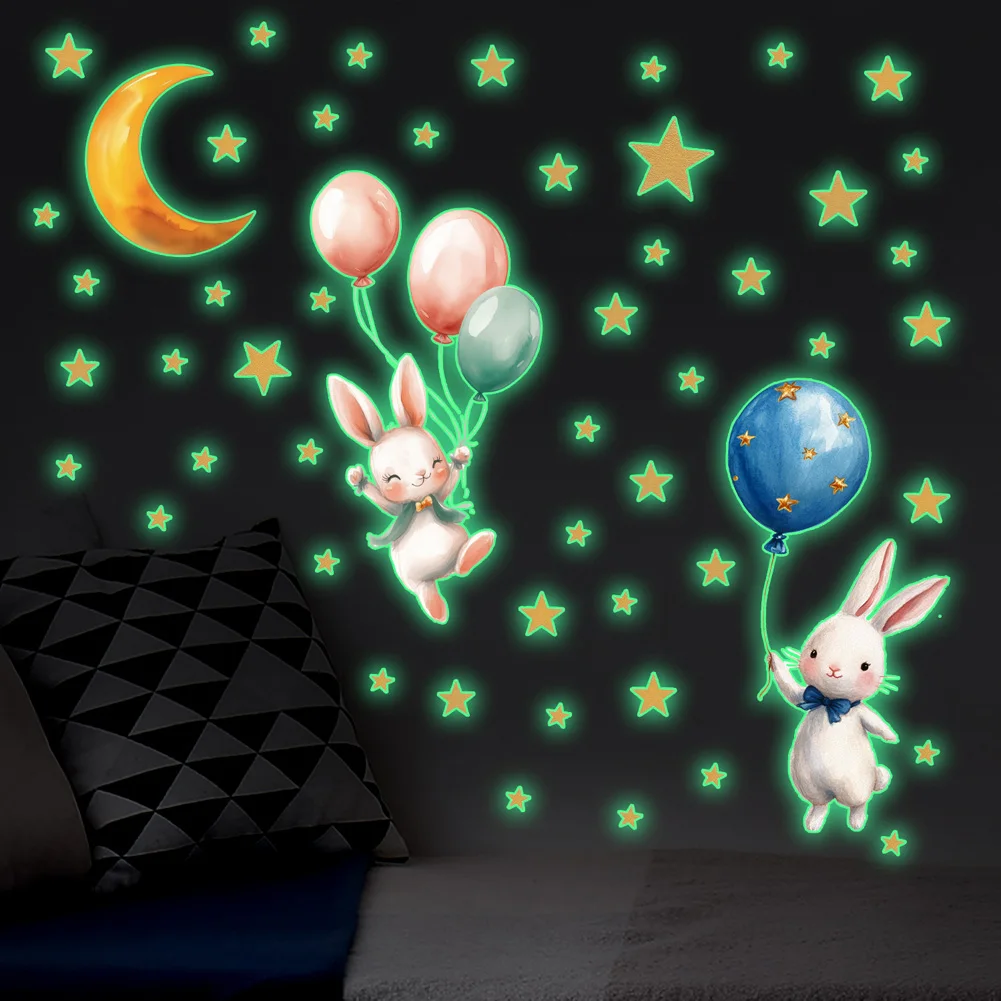 Cartoon Bunny Balloon Star Luminous Wall Sticker Kids Room Decoration Decals Bedroom Decor Glow In The Dark Self Adhesive Mural